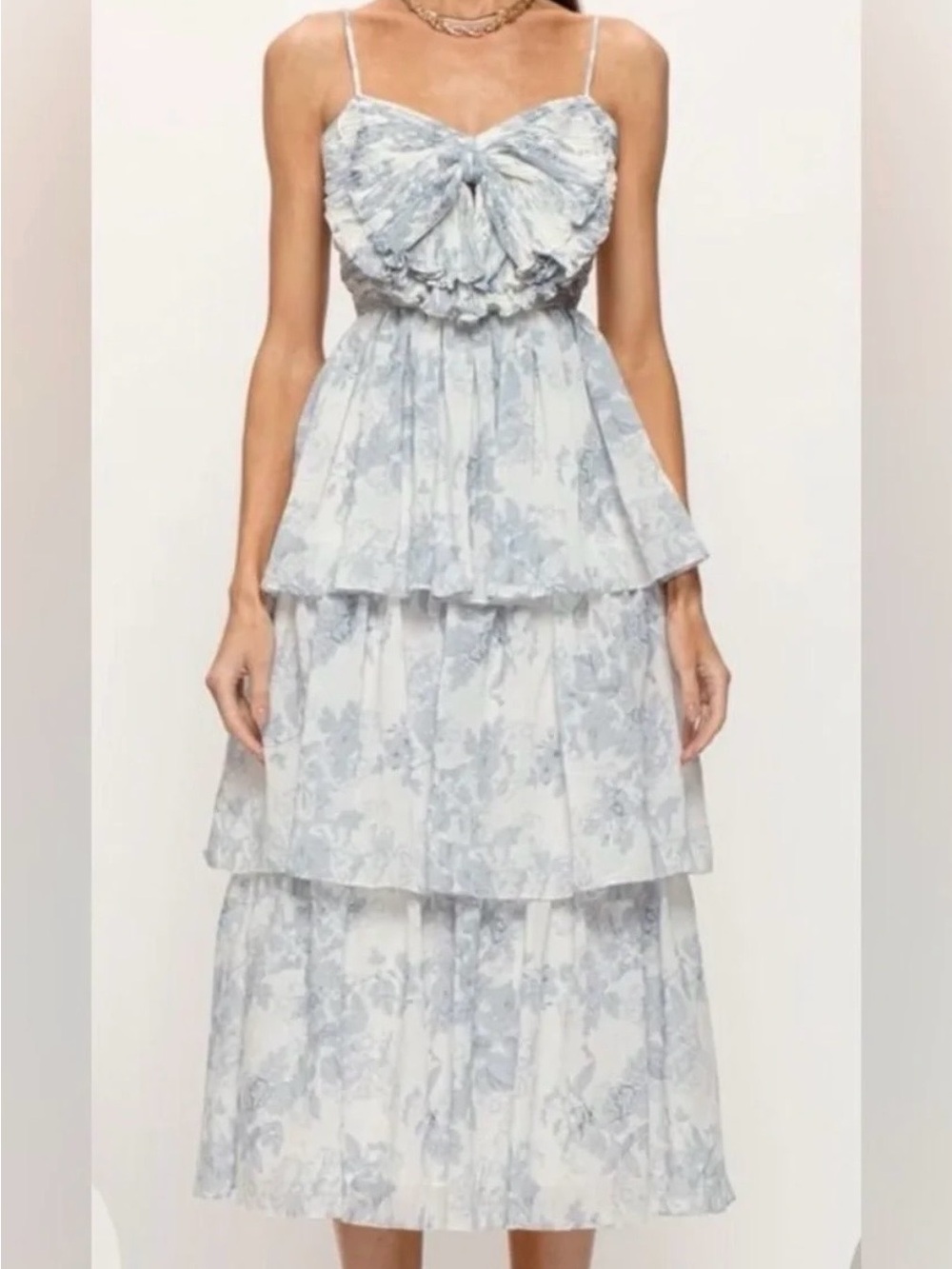 Tiered Bow-Front Midi Dress in Light Blue Floral